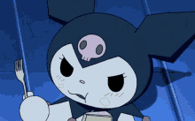 a cartoon character with a skull on his head is holding a fork in his hand
