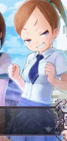 a girl with a ponytail is wearing a tie