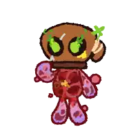 a drawing of a cartoon character with green eyes and purple arms