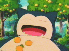 a cartoon character is eating oranges in a forest with trees in the background