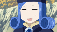 a girl with blue hair and a fairy tail necklace