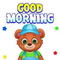 a teddy bear wearing overalls and a hat says good morning