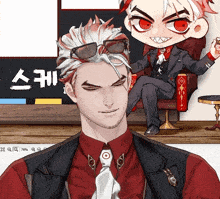 a man in a suit and tie is sitting in front of a sign that says ' s '