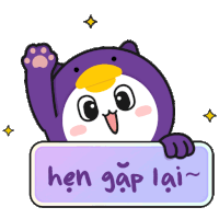 a cartoon penguin holds a sign that says hen gap lai