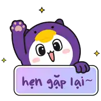 a cartoon penguin holds a sign that says hen gap lai