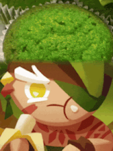 a cartoon character eating a banana with a broccoli head on his head
