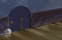 a cartoon character is standing in front of a door with a mouse behind him .
