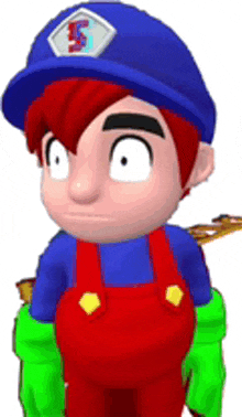 a cartoon character wearing a blue hat and red overalls