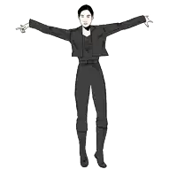 a black and white drawing of a man in a black suit jumping in the air