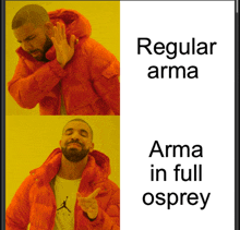 a picture of a man in an orange jacket with the words regular arma arma in full osprey on the bottom