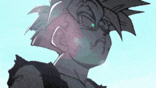 a close up of a cartoon character 's face with green eyes