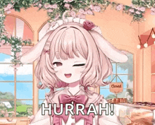a girl with bunny ears and a maid hat is making a funny face and saying hurrah !