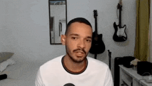 a man with a beard is sitting in front of a mirror with guitars hanging on the wall behind him