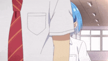 a girl with blue hair is peeking out from behind a man 's shirt
