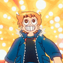 a cartoon character with a big smile on his face is wearing a blue jacket