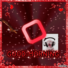 a picture of a cat wearing headphones with the words good morning on it