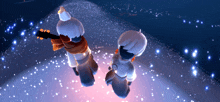 a couple of cartoon characters standing next to each other in a dark room