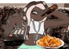 a cartoon drawing of a woman drinking a bottle next to a bowl of food