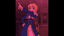 a cartoon of a girl in a green and yellow outfit pointing up