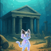 a cartoon cat is standing in front of a building in the water