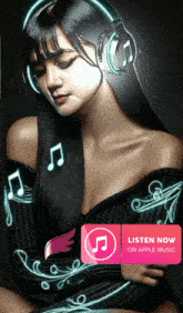a woman wearing headphones with a listen now on apple music button below her