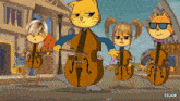 a cartoon of a cat playing a cello and a girl playing a flute