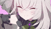 a white haired anime girl with a purple pendant around her neck