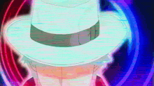 a close up of a person wearing a white hat with a swirl in the background