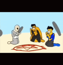 a group of cartoon characters are kneeling around a pentagram .