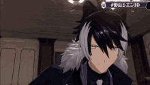 a black and white anime character with a 3d logo on the bottom