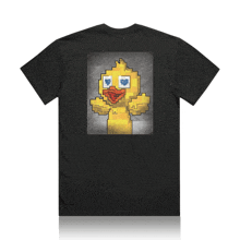 a black t-shirt has a picture of a pixelated duck on the back