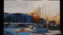 a painting of boats in a harbor is made in animatica