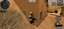 a screenshot of a video game shows a man holding a gun and the words play luxs above him