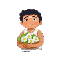 a cartoon drawing of a boy holding a basket of flowers