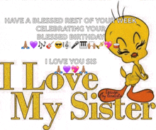 a tweety bird says " have a blessed rest of your week celebrating your blessed birthday i love you sister "