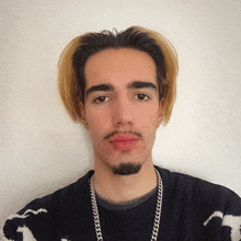 a young man with a beard wears a black and white sweater and a silver chain around his neck