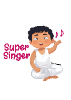 a cartoon drawing of a boy singing with the words super singer above him