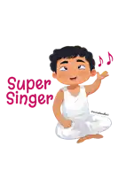 a cartoon drawing of a boy singing with the words super singer above him
