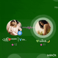 a man and a woman are sitting in circles on a green background