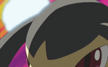 a close up of a cartoon character 's face with a red eye