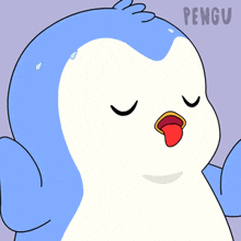 a cartoon of a penguin with its tongue sticking out and the word pengu above it