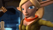 a close up of a cartoon character with blonde hair and blue eyes