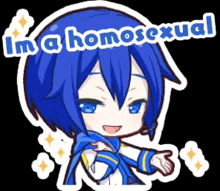 a sticker of a boy with blue hair and the words `` i 'm a homosexual '' .