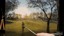 a painting of a person standing in a field is made in animotica