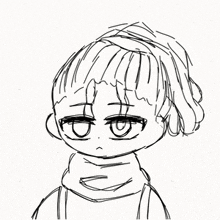 a black and white drawing of a girl wearing a scarf around her neck