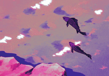 a painting of two fish swimming in a pink sky