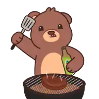 a brown teddy bear is holding a spatula over a grill with a steak on it