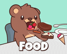 a cartoon of a teddy bear eating food with the word food below him