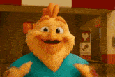 a cartoon chicken with a blue shirt is standing in front of a chicken restaurant