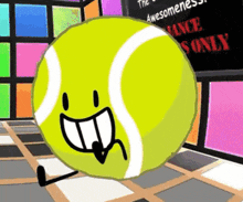 a tennis ball with a face on it is standing in front of a sign that says " awesomeness "